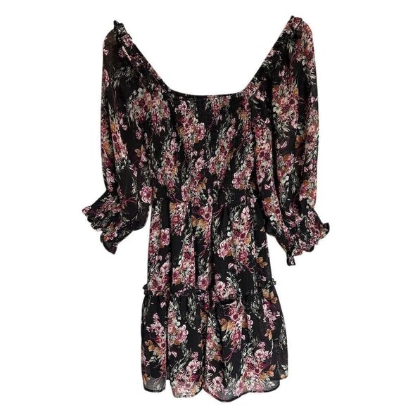 Altar'd State Women's M Black Floral Smocked Tiered Mini Dress Puff Sleeves - Picture 4 of 7